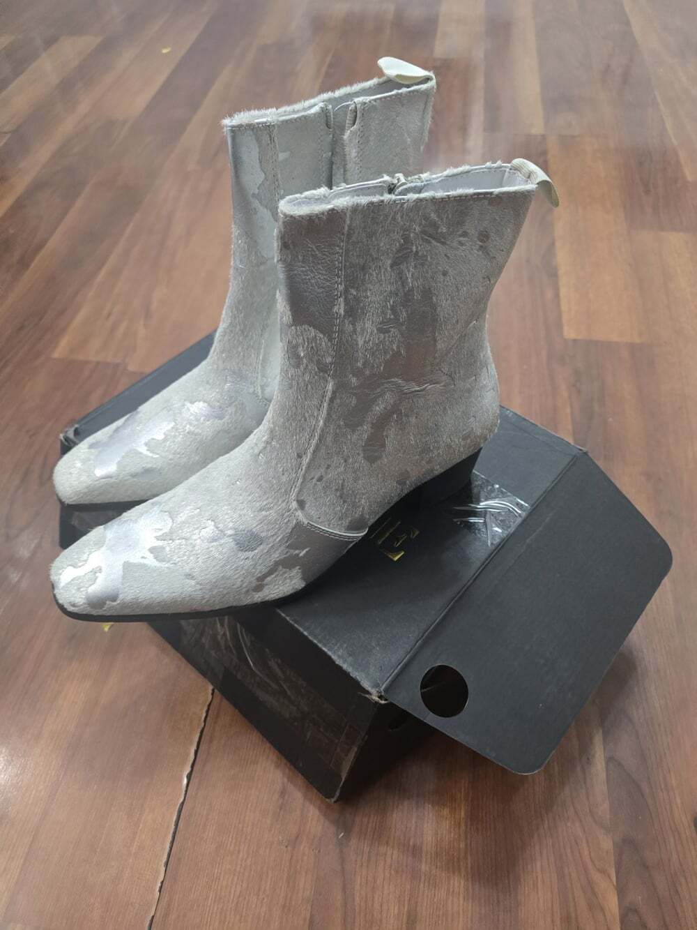 OSSTONE Silver Leather Chelsea Horse Hair Dress Boots Zipper-up MEN Retro READ - Picture 4 of 12